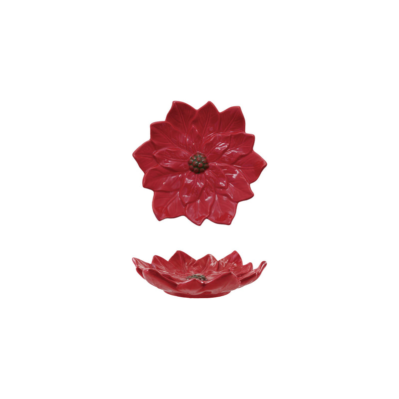 Hand-Painted Ceramic Poinsettia Shaped Plate, Red & Green