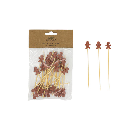 Bamboo Single Use Picks w/ Gingerbread Man Shaped Handles, Natural & Brown, Set of 50