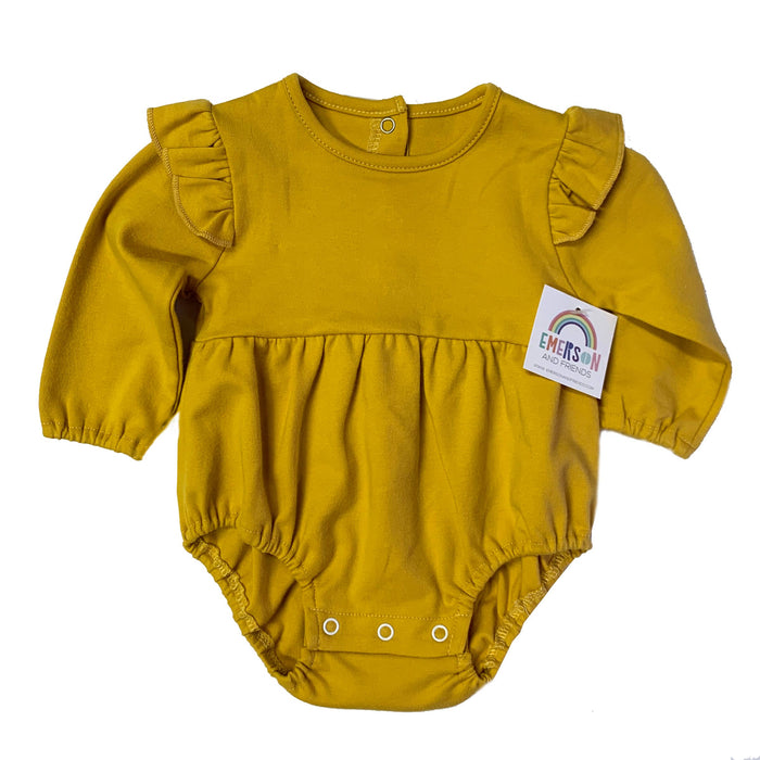 EMERSON AND FRIENDS BABY CLOTHES MUSTARD / 0-3M Long Sleeve Flutter Onesie