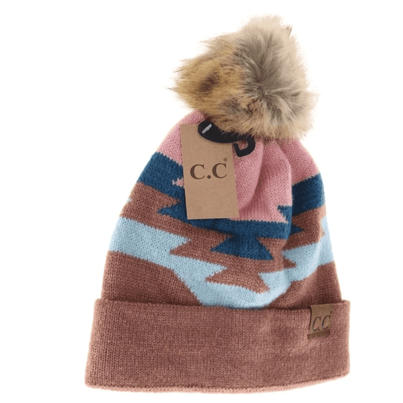 LF ACCESSORIES BEANIES Taupe Aztec Natural Faux Fur Pom C.C Beanie