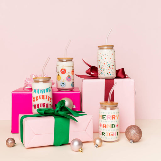 TALKING OUT OF TURN TUMBLERS Holiday Can Glass with Straw Lid | Smiley Ornaments
