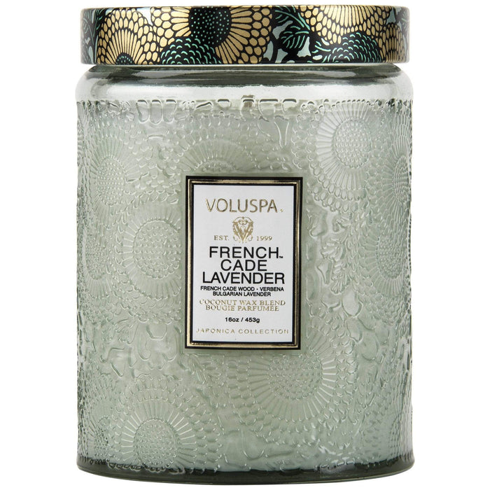 VOLUSPA CANDLE VOLUSPA LARGE EMBOSSED GLASS JAR CANDLE - FRENCH CADE LAVENDER